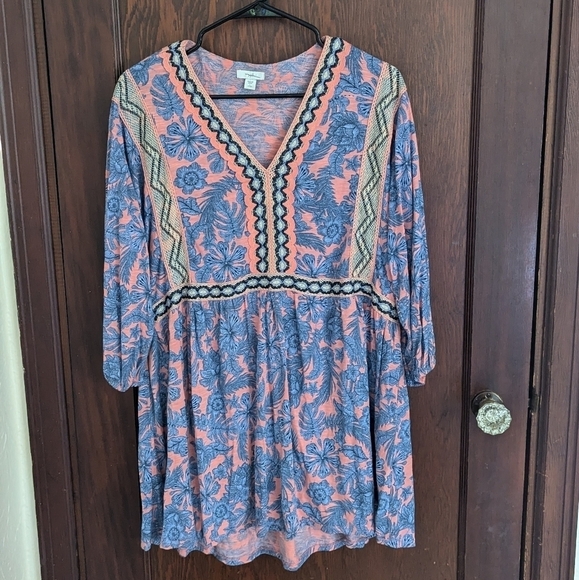J. Jill Blue and Coral  Floral Embroidered Boho Tropical 3/4 Sleeve Blouse LP - Picture 1 of 8